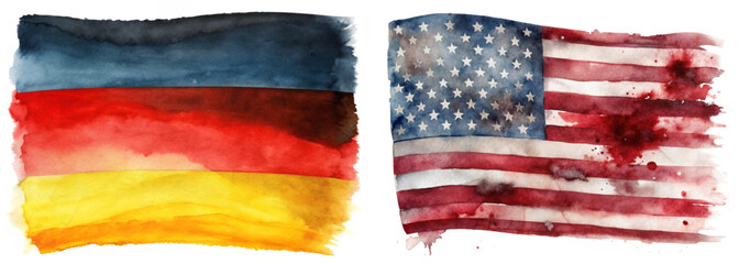 Watercolor flags, Germany and USA, vibrant colors, artistic representation, cultural symbols, patriotic themes.