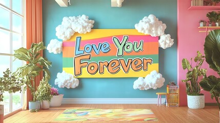 A playful rainbow banner with colorful text "Love You Forever" in a bold cartoon style, surrounded by soft white clouds, displayed in a vibrant home