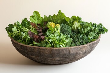 Fototapeta premium A wooden bowl overflowing with a vibrant mix of fresh, leafy greens and vegetables.