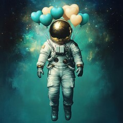 Fototapeta premium Astronaut Floating in Space Surrounded by Colorful Heart-Shaped Balloons Against a Cosmic Background with Stars and Swirling Nebulae