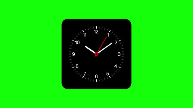 Analog clock with a black square face and ticking second hand moving on a green screen background. The clock completes one full minute rotation, ideal for motion graphics and time-related projects.
