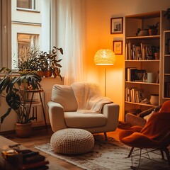 Inviting reading nook featuring plush sofa and gentle ambient illumination