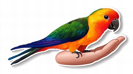 Obraz premium Vibrant sun parakeet perched gently on an outstretched hand, showcasing its colorful plumage.