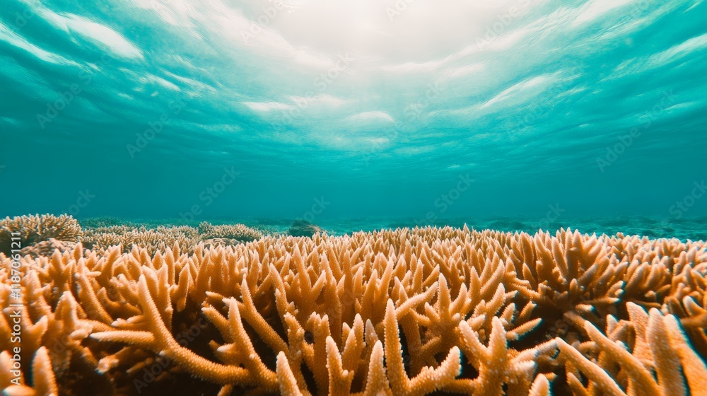 Poster underwater view of thriving coral reef bathed in sunlight filtering through rippling water surface, 