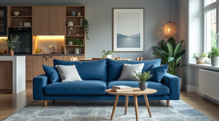 serene living room with blue sofa wooden coffee table