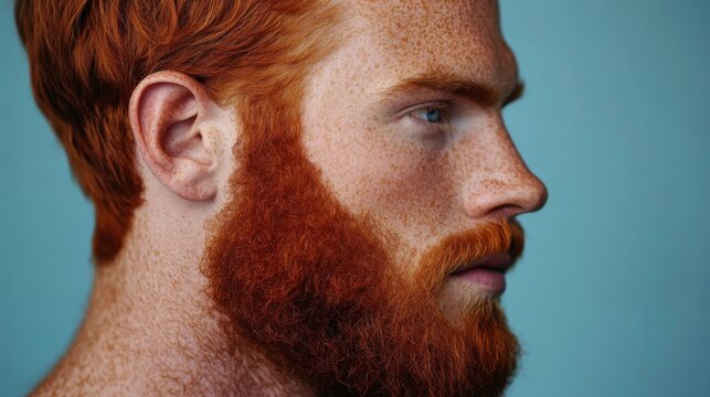 Red haired man with freckles and beard profile view