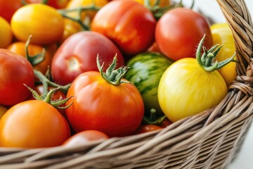 A wicker basket overflowing with a vibrant mix of red, yellow, and green tomatoes.