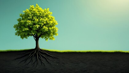 A Vibrant Tree With Roots Spreading Deep Into The Earth Against A Soft Blue Sky