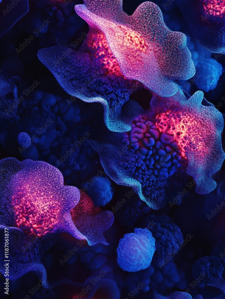 Poster glowing edges of cancer cells under microscopic view illuminate cellular structures and details in v