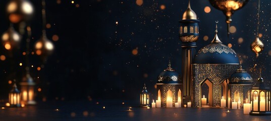 Obraz premium Nocturnal Mosque: Candles, Lanterns, and Elegant Islamic Architecture