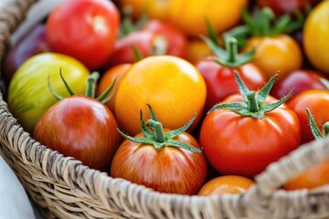 A wicker basket overflowing with a vibrant assortment of colorful heirloom tomatoes.