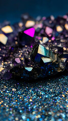 Shimmering crystals reflecting vibrant colors on a glittering surface in a mystical setting