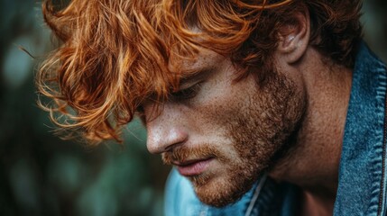 Red haired man with freckles pensive gaze denim jacket