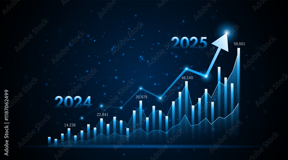 Poster arrow pointing upwards for future company growth in 2024 to 2025. stock market graph with rising can