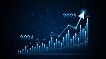 Arrow pointing upwards for future company growth in 2024 to 2025. Stock market graph with rising candles. Ideas for growing a profitable business or investment	