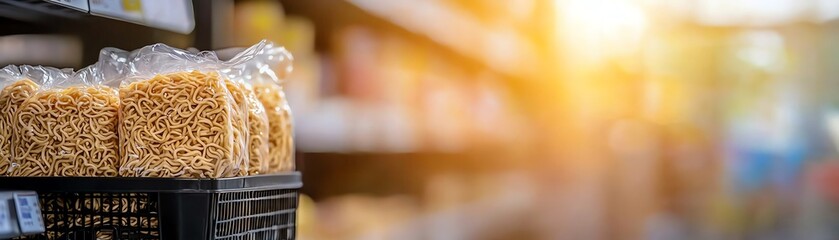 Fresh pasta packaged in a woven basket, illuminated by warm sunlight in a grocery store setting.