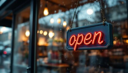 Rainy Day Invitation, A Glowing Neon ,Open, Sign Beckons from a Cozy Shopfront