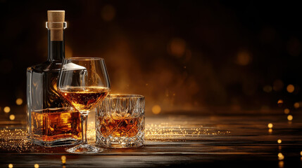 pair of elegant whiskey glasses with decanter, showcasing rich amber liquid, create warm and inviting atmosphere perfect for celebrations