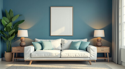 serene living room with white sofa teal accents