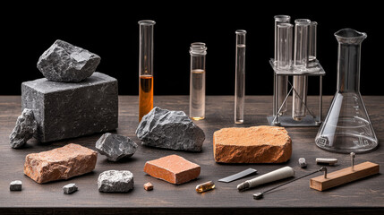collection of raw earth elements and laboratory equipment, showcasing various minerals and samples in test tubes, highlighting beauty of scientific exploration