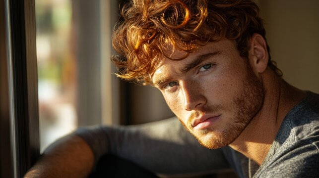Red haired man sits near window sunlight