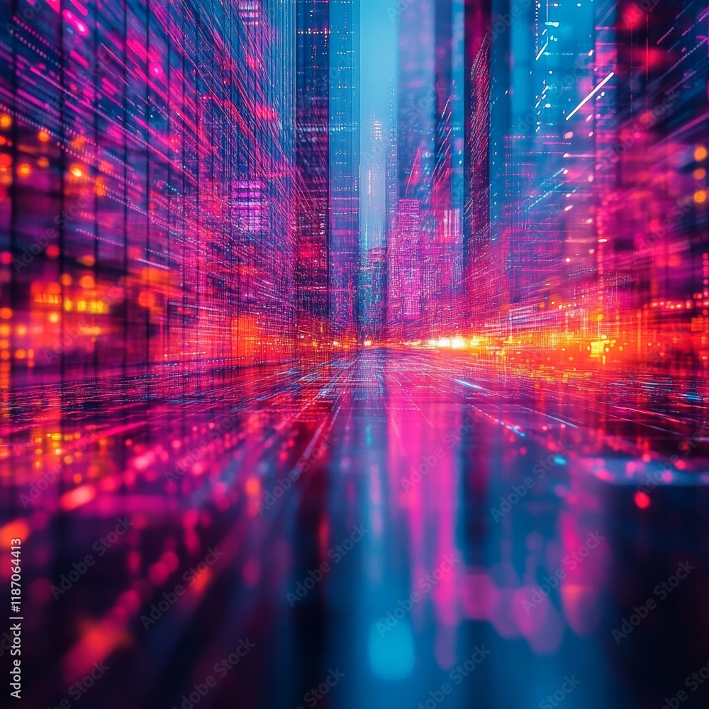 Poster abstract cyberpunk cityscape with neon geometric patterns reflecting on a glossy surface