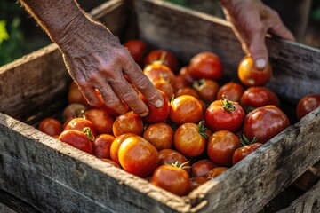 Farmer's hands carefully harvest ripe, red tomatoes from a rustic wooden crate in a garden.