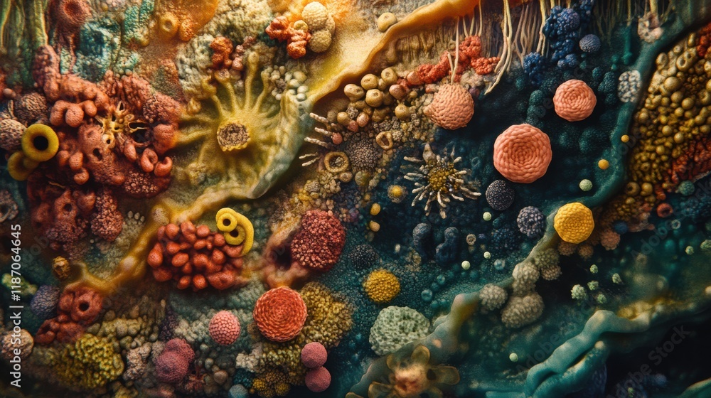 Aufkleber Exploration of diverse bacterial forms and textures revealing a unique microscopic world of color and life. Generative AI