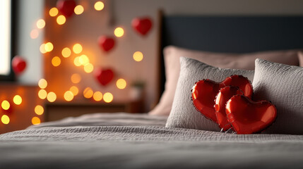 romantic bedroom setup featuring heart shaped balloons, soft bedding, and warm bokeh lights creates cozy atmosphere for Valentine Day