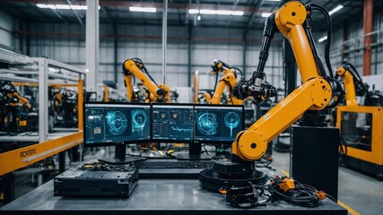 Engineer manager checking and controling automation robot arms machine in intelligent factory industrial on real time monitoring system software. Welding robotics and digital manufacturing operation