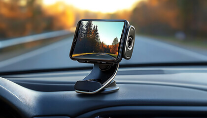 Smartphone holder for the car. A smartphone holder that attaches securely to the windshield or dashboard and lookink the distanation


