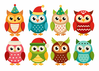 Adorable Holiday Owl Set: Cute Seasonal Owl Illustrations for Festive Designs.