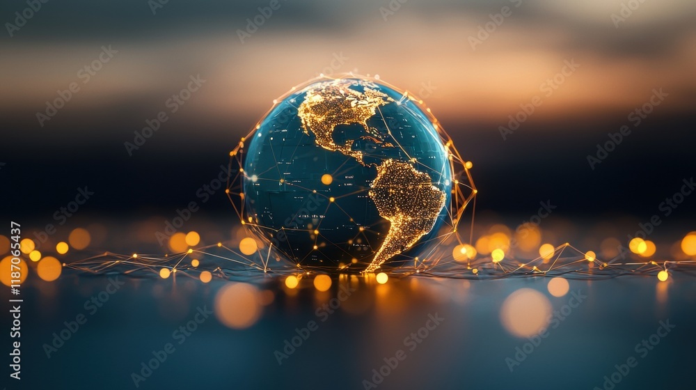 Poster planet earth surrounded by a web of glowing lines and data points, symbolizing the global reach of t