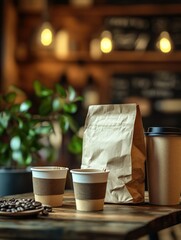 Warm Coffee Shop Counter with Drinks and Bag