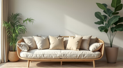 light beige couch with a wooden frame a sunlit room