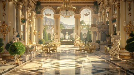 Fototapeta premium Luxury restaurant interior design featuring dining tables and chairs in a well-lit, elegant room with large windows and stylish architecture