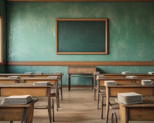 Tranquil Classroom with Exam Papers and Chalkboard – Educational Focus in Soft Pastel Palette