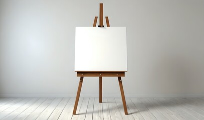 Blank canvas on wooden easel in minimalist room.  Perfect for mockups and art projects.