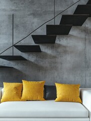 Contemporary Stairwell with Grey Wall and Yellow Pillows