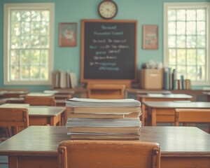 Tranquil Classroom with Exam Papers and Pastel Chalkboard Focused on Academic Preparation