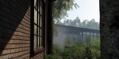 Fototapeta premium This image captures an abandoned building, partially hidden by overgrown trees and plants, evoking a sense of mystery and nostalgia in a serene environment.
