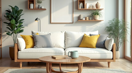relaxing living room with wooden furniture yellow pillows