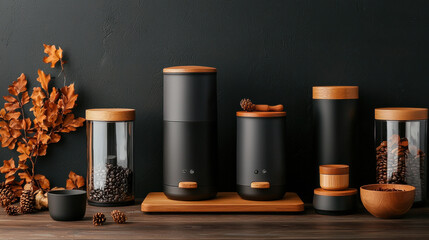 Fototapeta premium modern kitchen display featuring sleek black containers with wooden lids, showcasing stylish electric kettle and coffee accessories. warm autumn colors add cozy touch