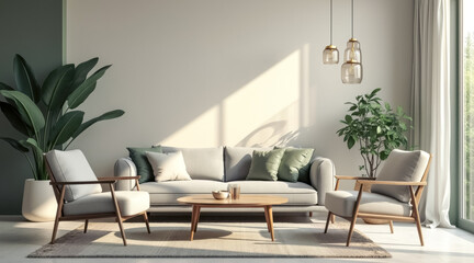 sunlit living room with light gray sofa armchairs