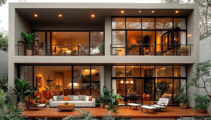 Modern two-story house with large windows and patio. Perfect for real estate, architecture, or home design projects.