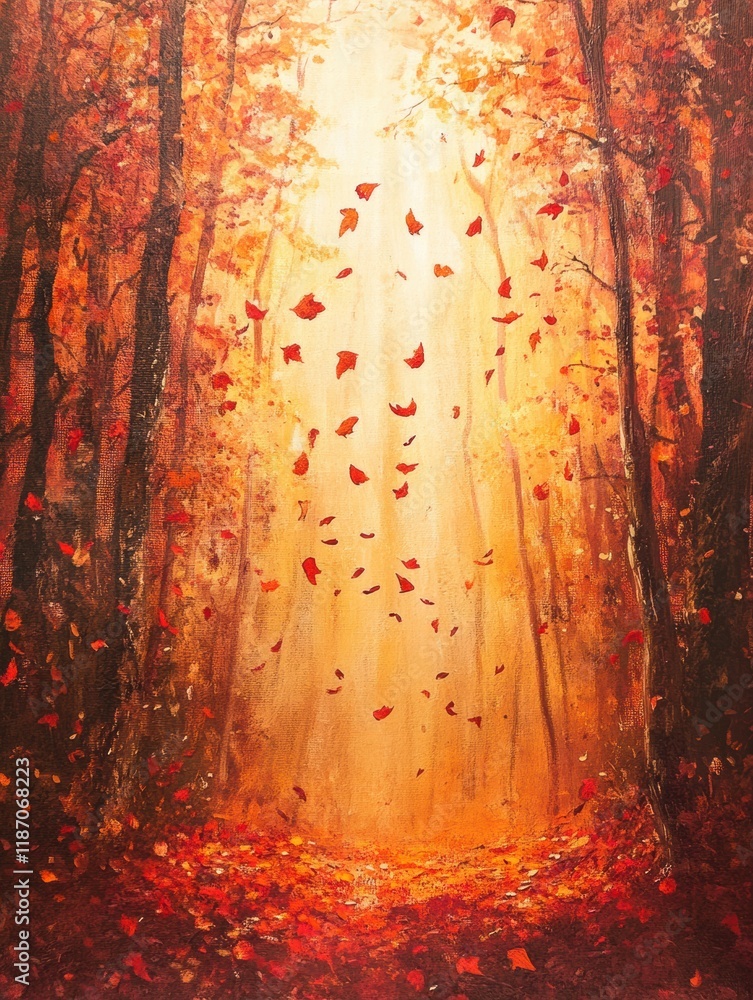 Poster autumn leaves swirling in a tranquil forest illuminated by golden sunlight. generative ai