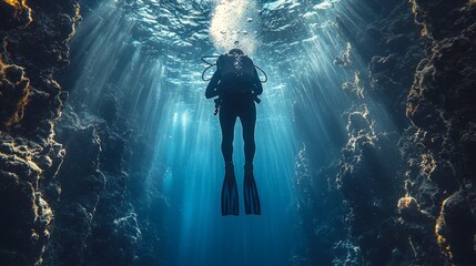 A diver descending into the ocean depths, focus on vertical movement, underwater scene, dramatic light, focused view