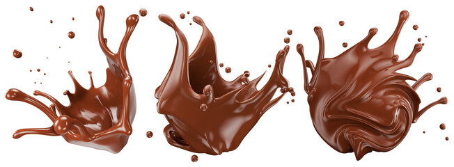 set of chocolate splashes isolated on white background. 3d render