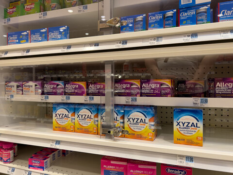 Bothell, WA USA - circa November 5, 2024: Close up view of allergy and sinus products for sale inside a Rite Aid pharmacy