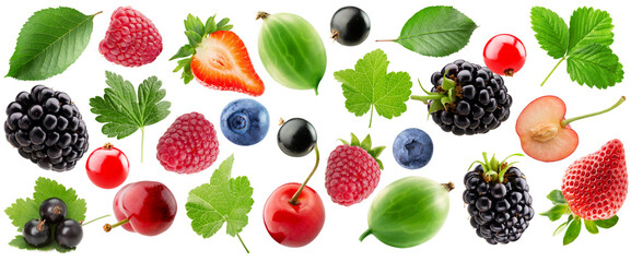 top view of berry mix with leaves isolated on white background